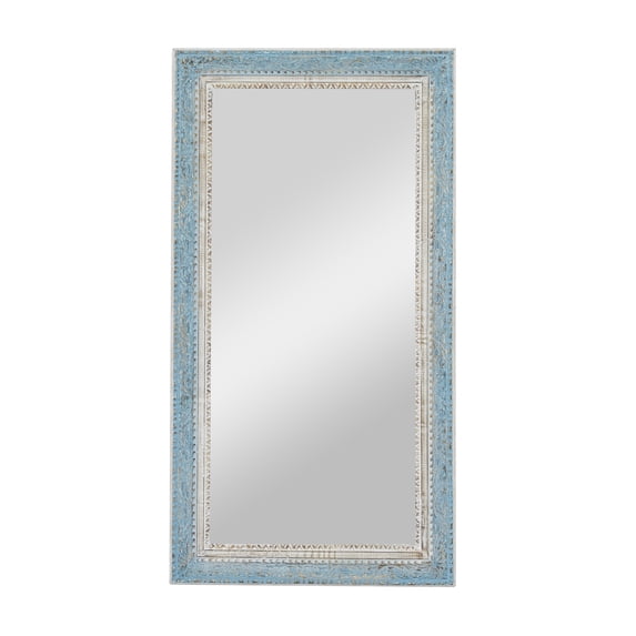DecMode 32" x 60" Blue Carved Floral Wall Mirror