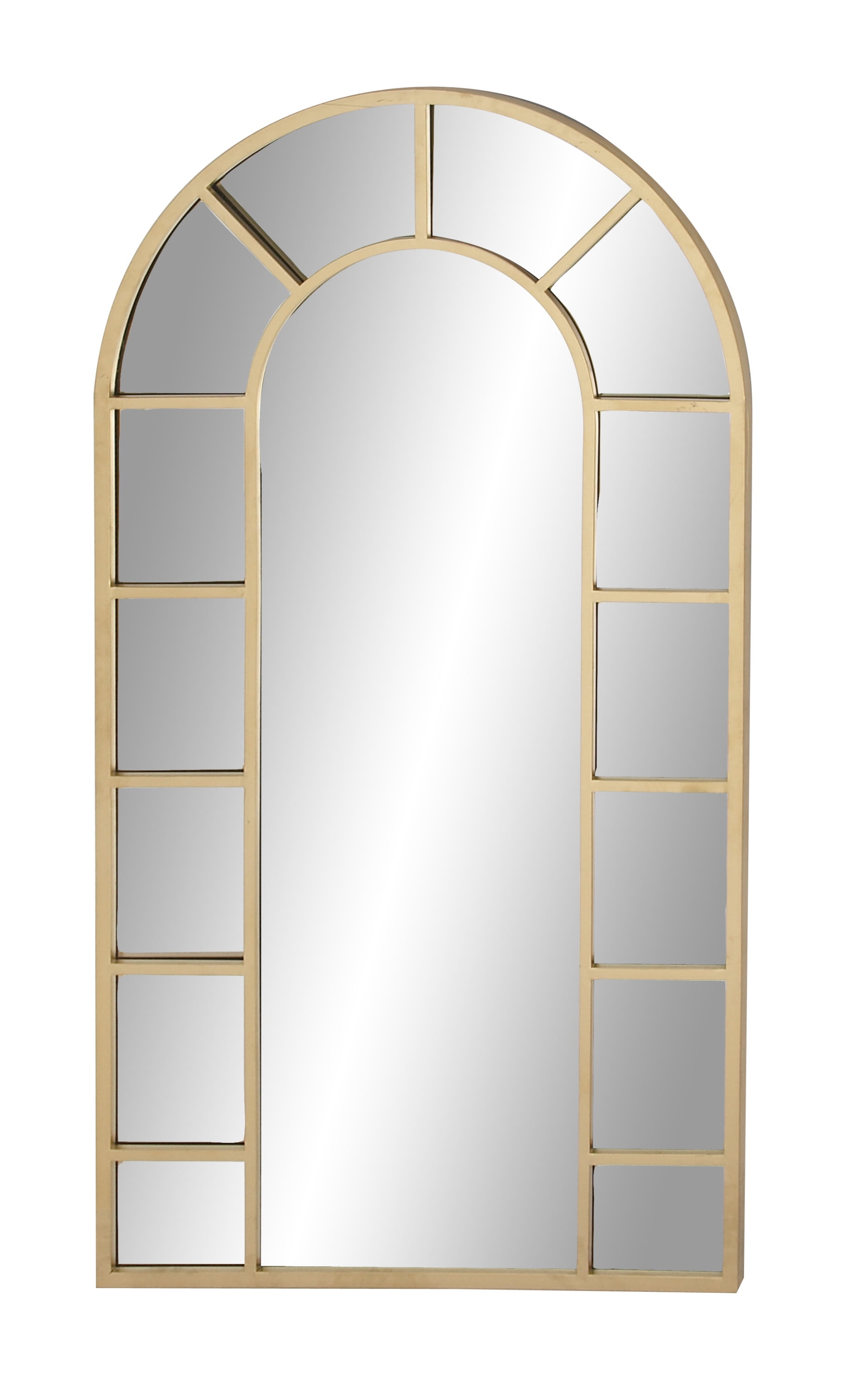 DecMode 32" x 60" Gold Window Pane Inspired Wall Mirror with Arched Top