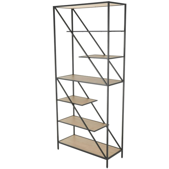 DecMode 32" x 71" Brown Wooden Geometric Diagonal Angled 6-Tier Shelving Unit with Black Metal Frame, 1-Piece