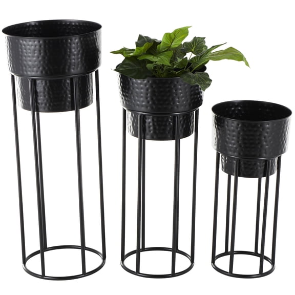 DecMode 33", 28", 22"H Nesting Black Metal Planter with Tall Black Stands (3 Count)