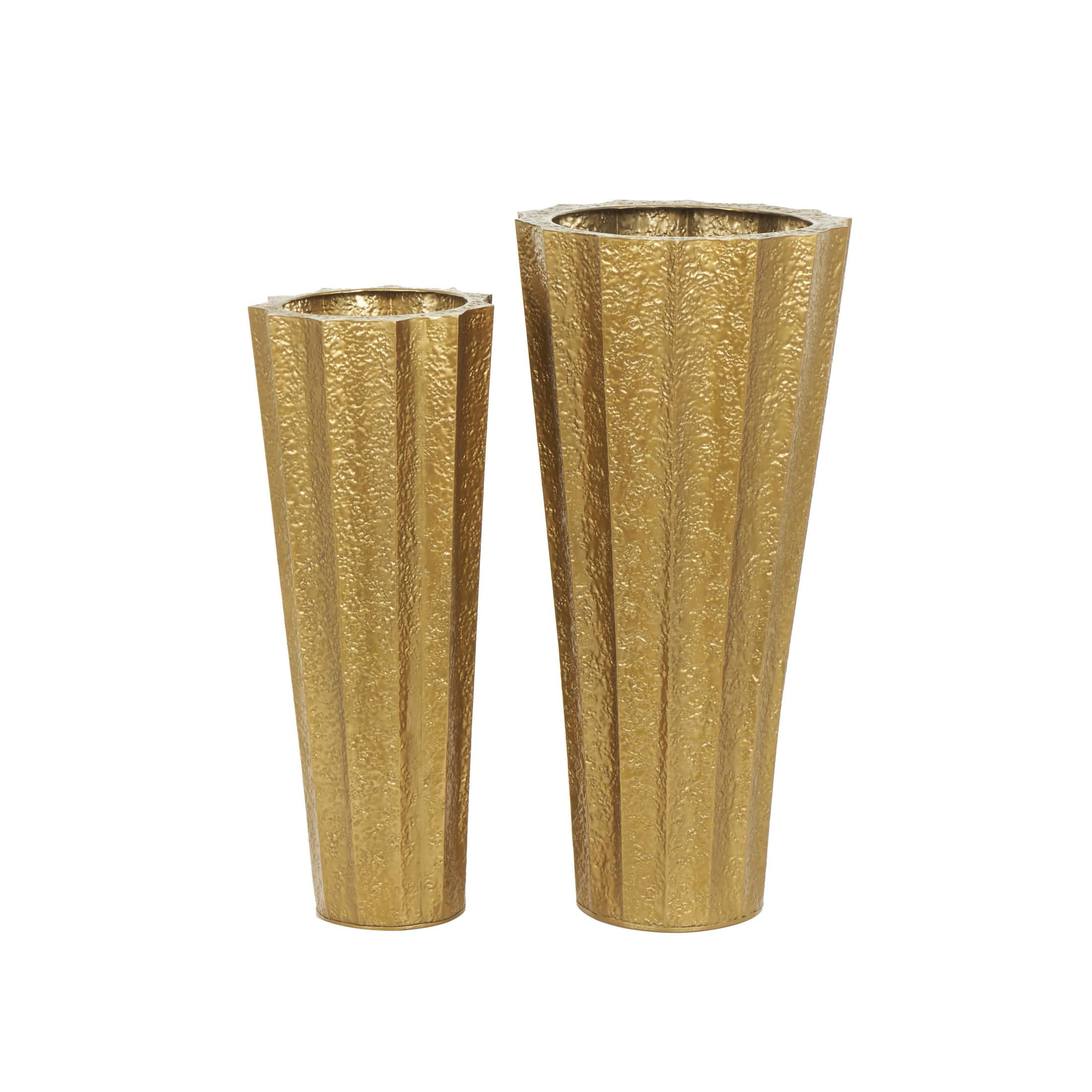 DecMode 33", 30"H Tall Textured Hammered Floor Gold Metal Vase, Set of 2