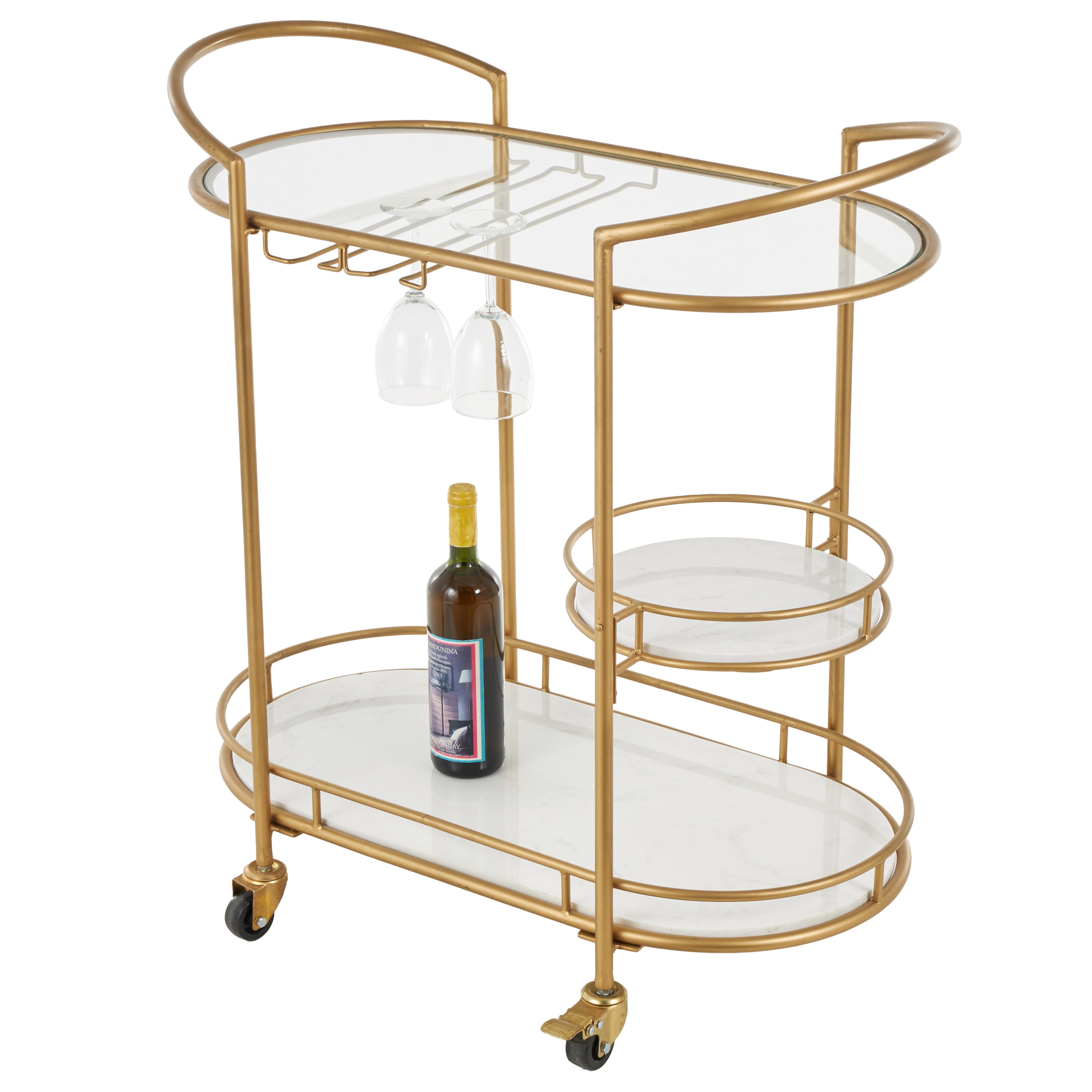 Elegant Gold Oval 3-Tier Marble and Glass Bar Cart with Wheels