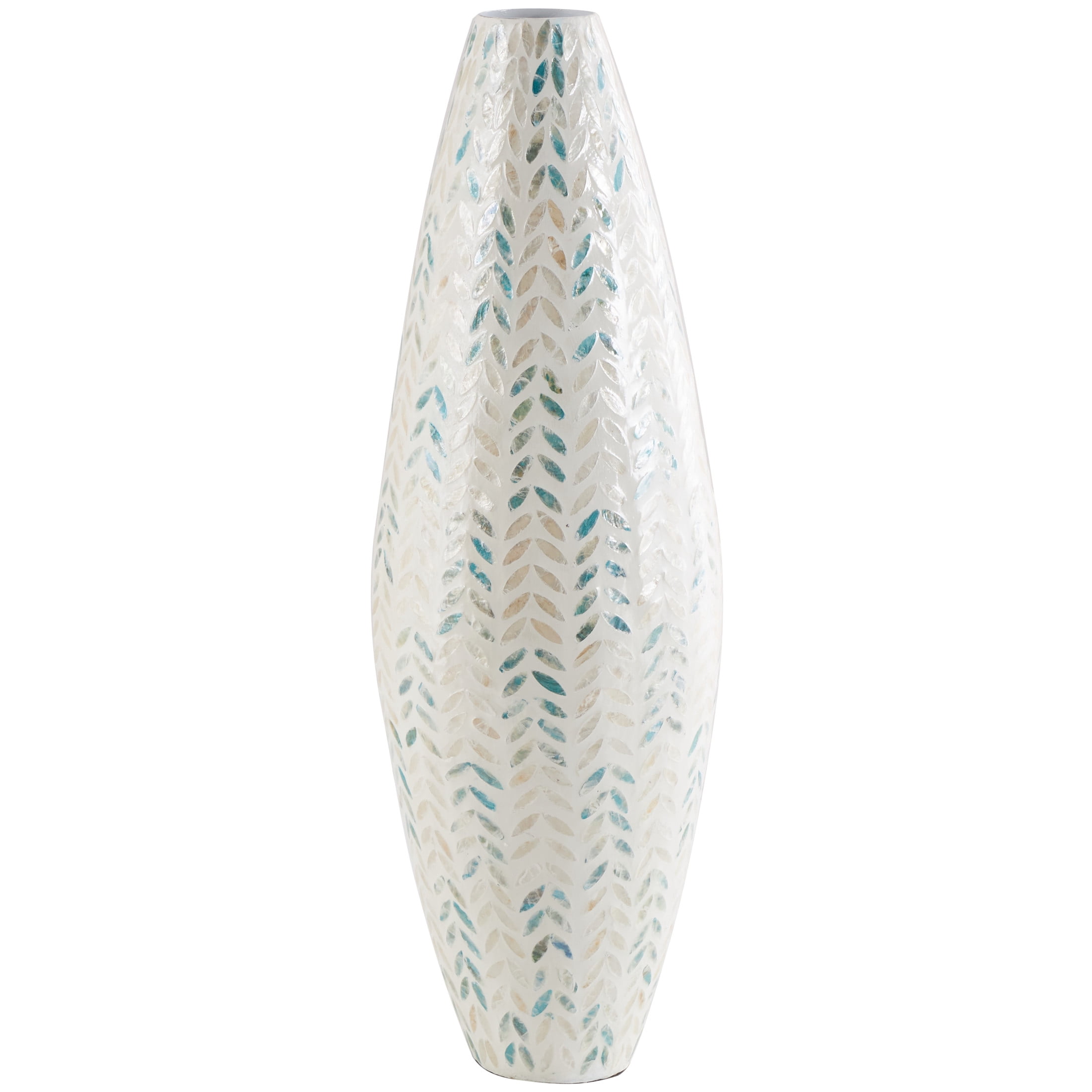 DecMode 33" Leaf Handmade Tall Mosaic Cream Mother of Pearl Shell Vase with Blue Accents