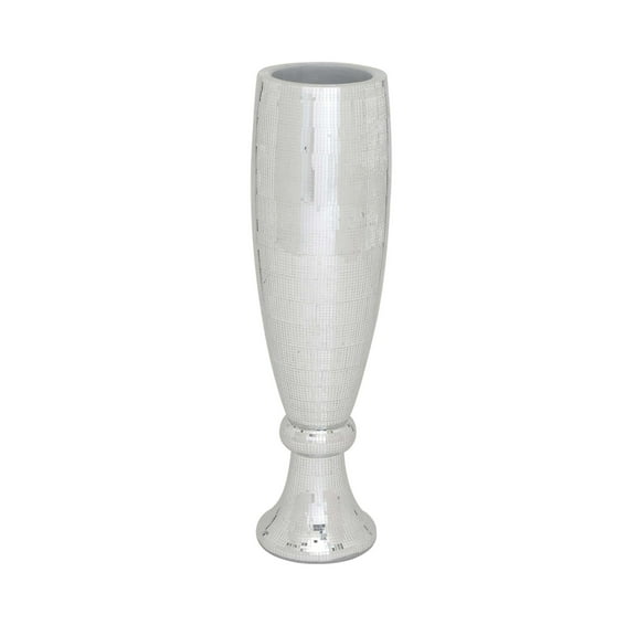 DecMode 33" Tall Champagne Flute Shape Silver Polystone Vase with Mosaic Mirror Inlay