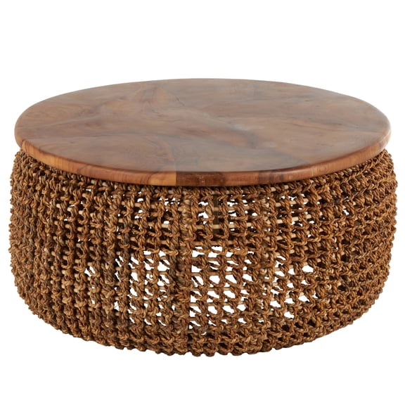 DecMode 33" x 16" Brown Rattan Woven Coffee Table with Teak Tabletop, 1-Piece