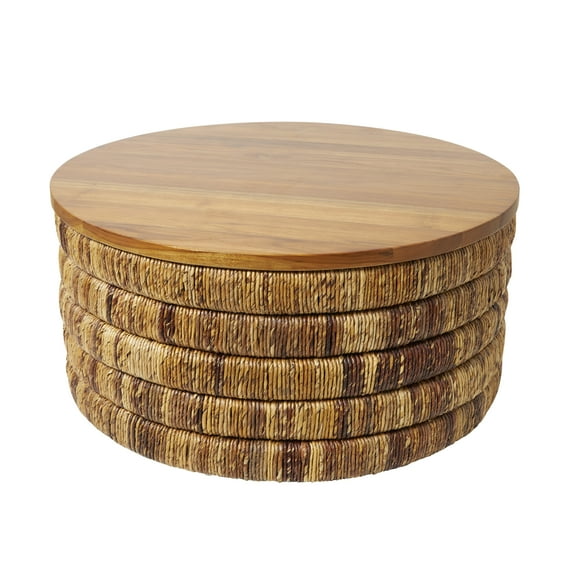 DecMode 33" x 16" Brown Seagrass Handmade Linear Wrapped Coffee Table with Teak Wood Top, 1-Piece