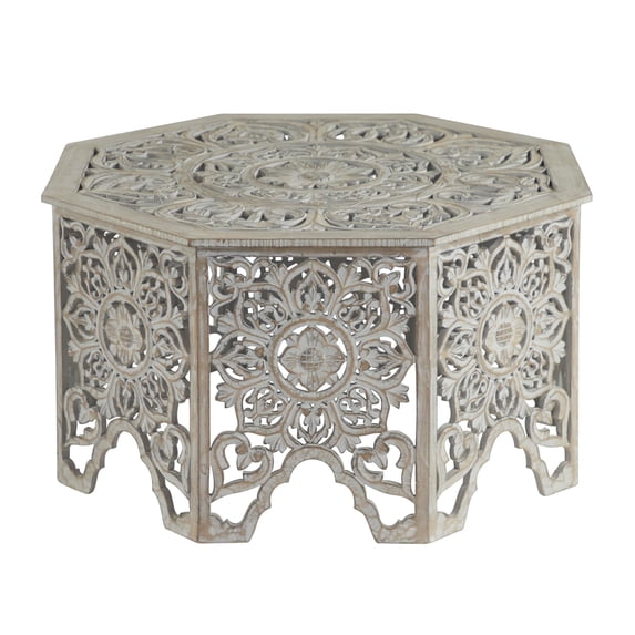 DecMode 33" x 18" Light Gray Wood Handmade Intricately Carved Floral Coffee Table with Hollow Interior, 1-Piece