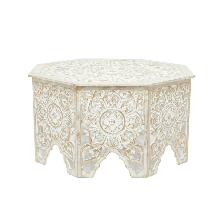 DecMode 33x18 White Wood Handmade Carved Floral Coffee Table