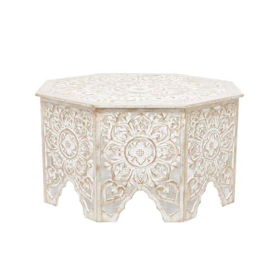 DecMode 33" x 18" White Wood Handmade Intricately Carved Floral Coffee Table, 1-Piece