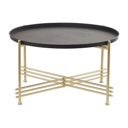 DecMode 33" x 19" Black Metal Tray Top Coffee Table with Gold X-Shaped Base, 1-Piece