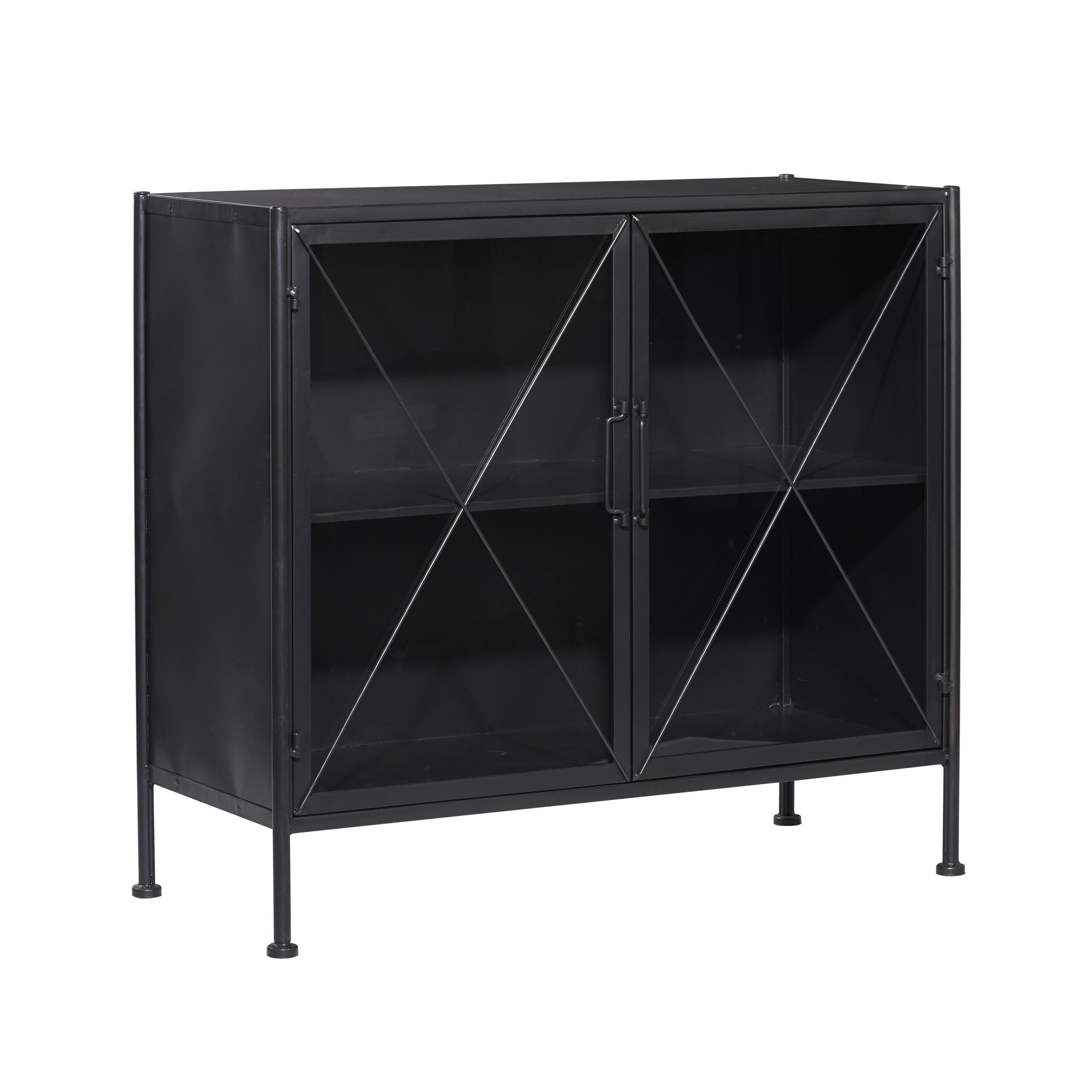 Black Metal Geometric Cabinet with Glass Panels