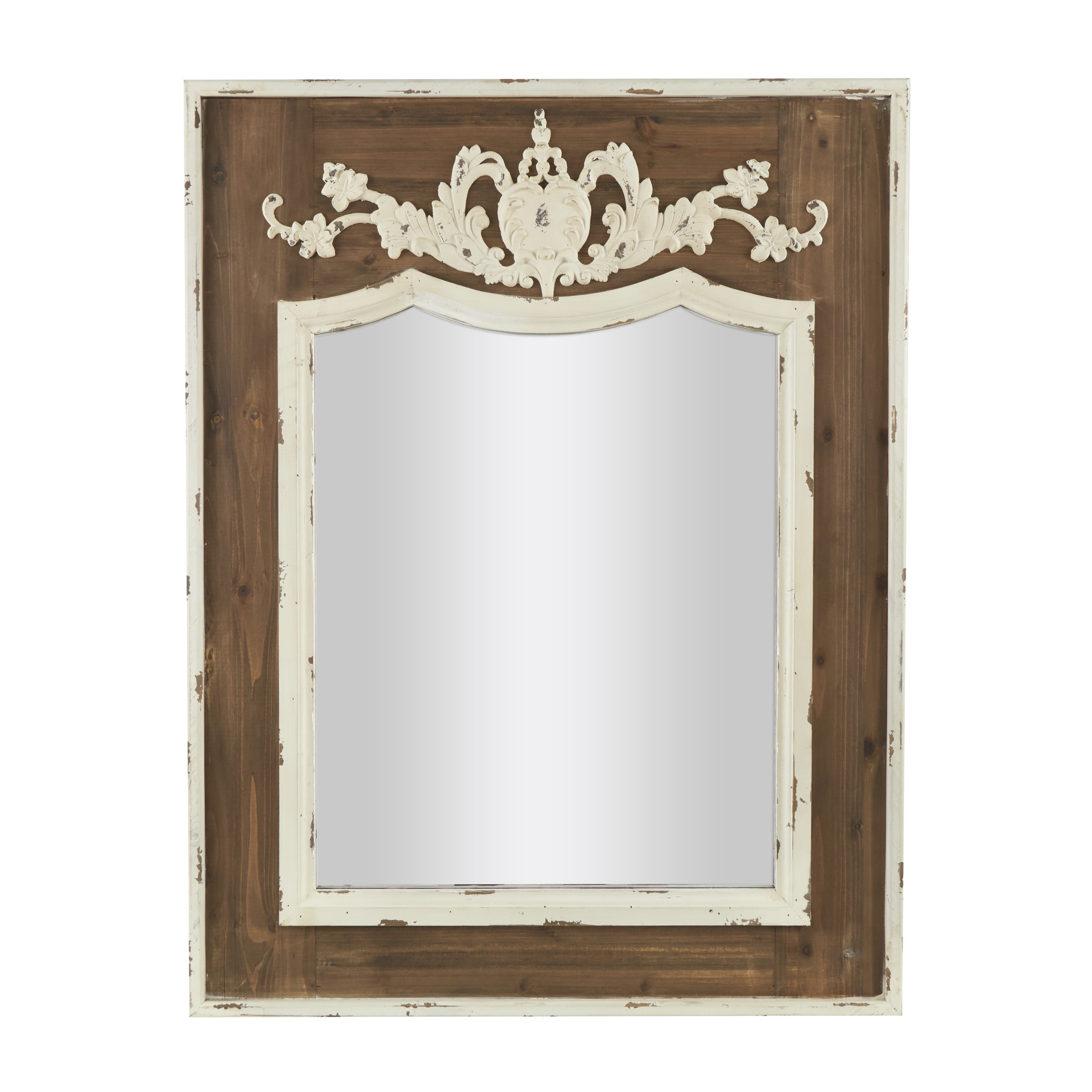 Scalloped 33" x 43" Brown and Cream Rustic Wooden Wall Mirror
