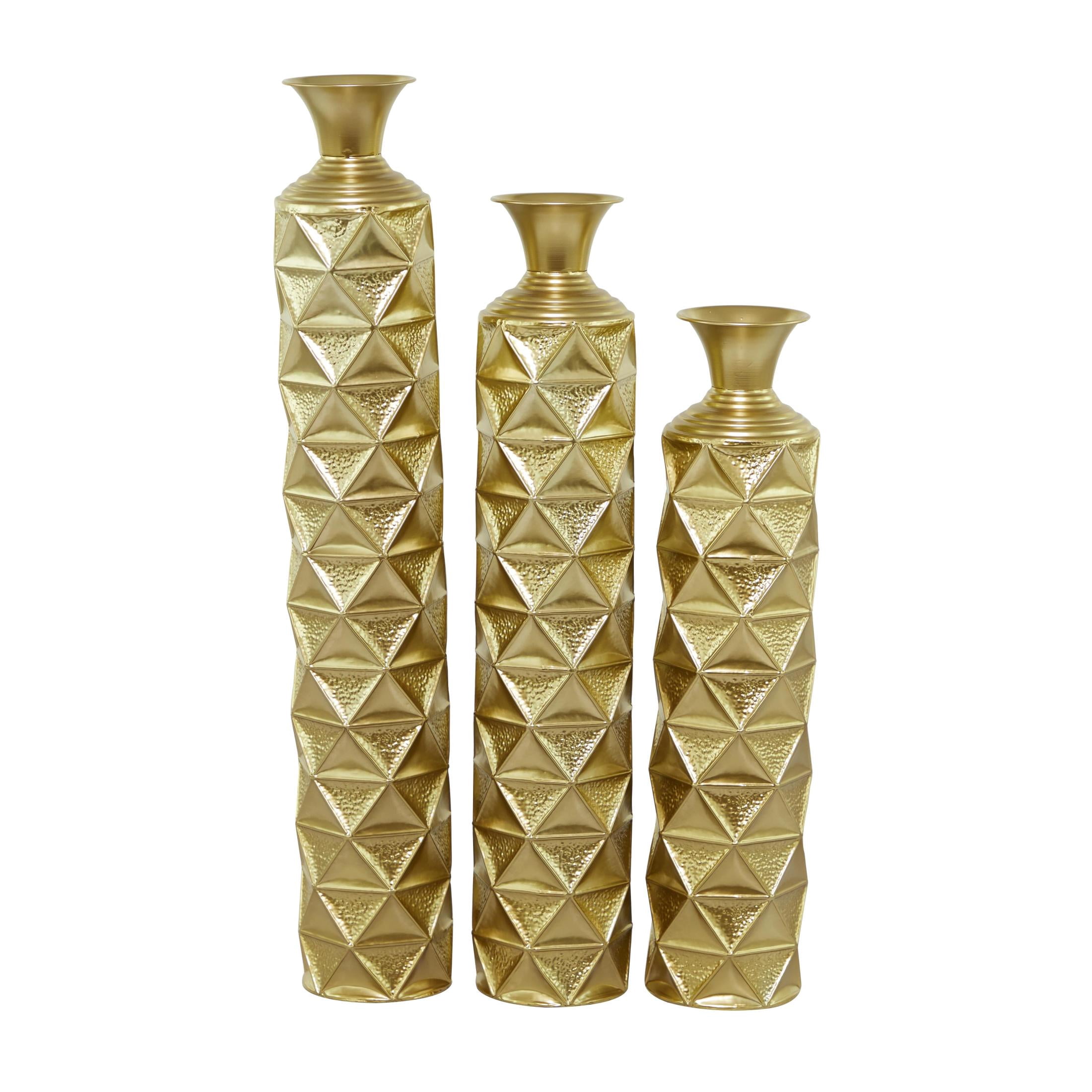 DecMode 34", 29", 25"H Geometric Tall Distressed Metallic Gold Metal Vase with 3D Triangle Patterns, Set of 3