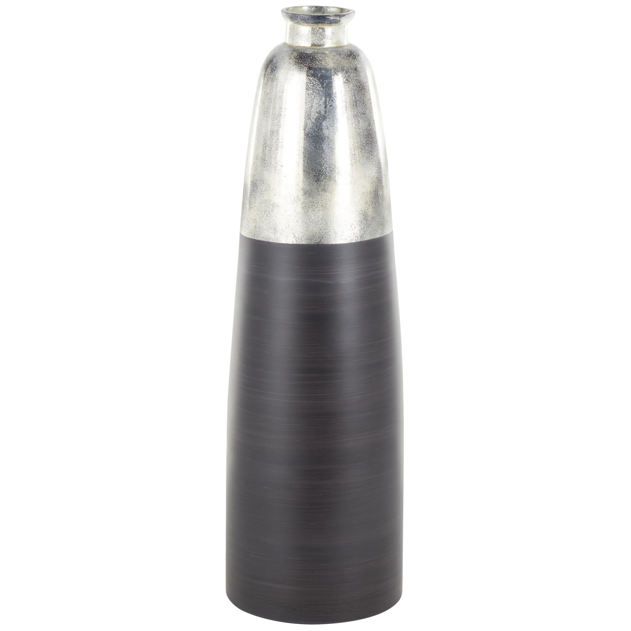 DecMode 34" Tall Brushed Two-Toned Floor Black Glass Vase with Textured Silver Top