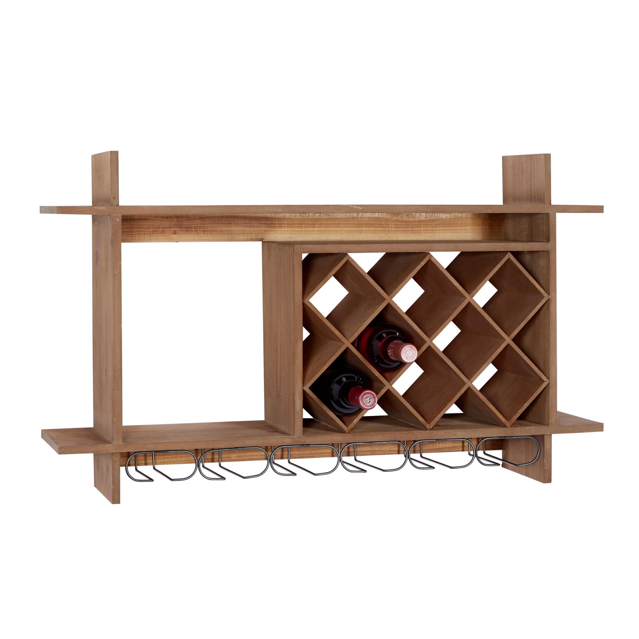 DecMode 34" x 20" Brown Wood Geometric 8 Bottle Wall Wine Rack with 6 Glass Holder Slots, 1-Piece