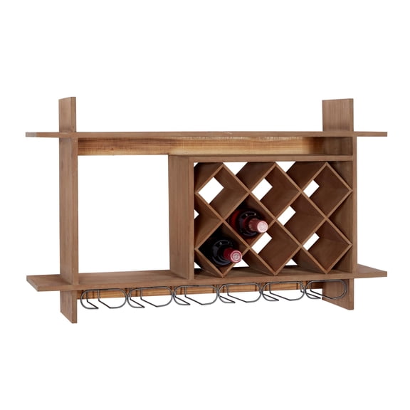 DecMode 34" x 20" Brown Wood Geometric 8 Bottle Wall Wine Rack with 6 Glass Holder Slots, 1-Piece