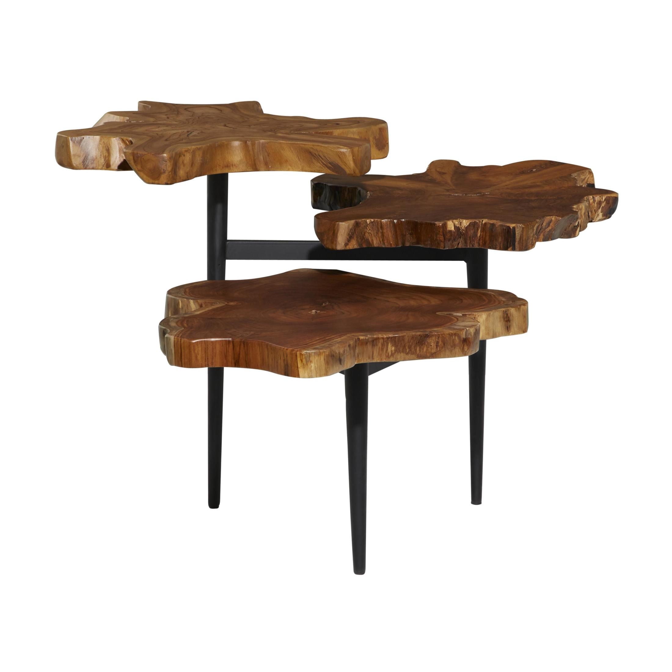DecMode 32" x 24" Brown Teak Wood Handmade Live Edge 3 Tier Accent Table with Black Metal Base, 1-Piece