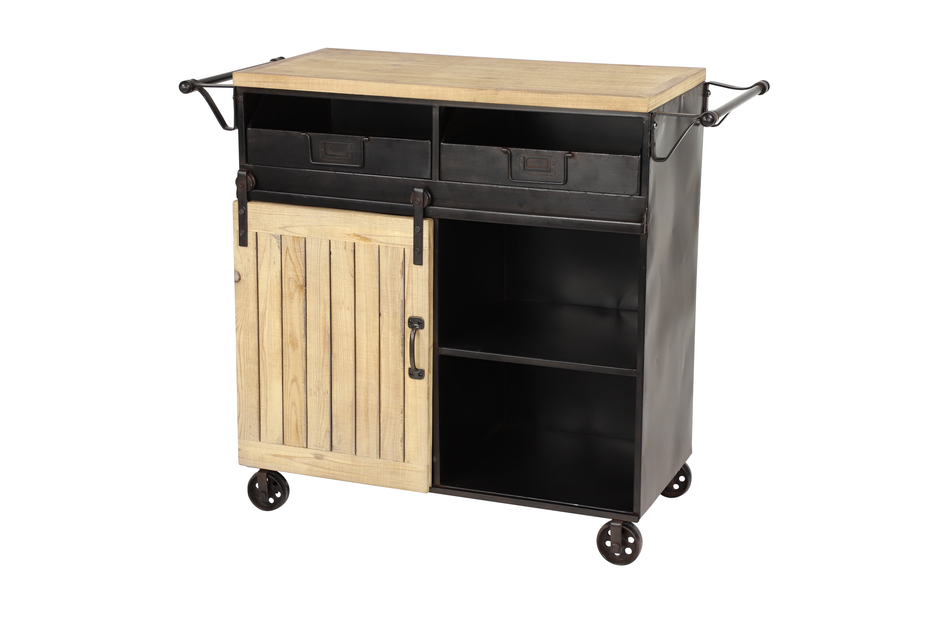 Industrial Black and Natural Wood Rolling Kitchen Cart with Storage