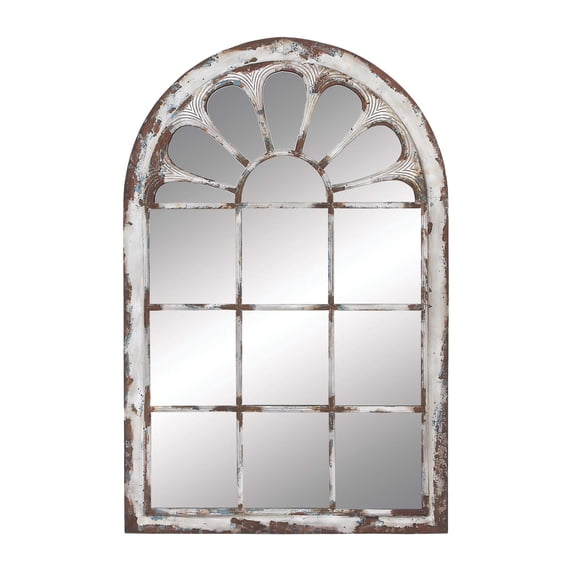 DecMode 34" x 52" White Window Pane Inspired Wall Mirror with Arched Top