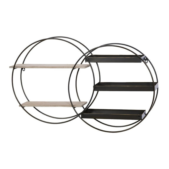 DecMode 34" x 7" Overlapping Circle 5-Tier Black Geometric Wall Shelf with Wood Accents