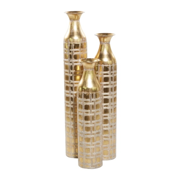 DecMode 35", 30", 25"H Tall Distressed Metallic Gold Metal Vase with Etched Grid Patterns, Set of 3