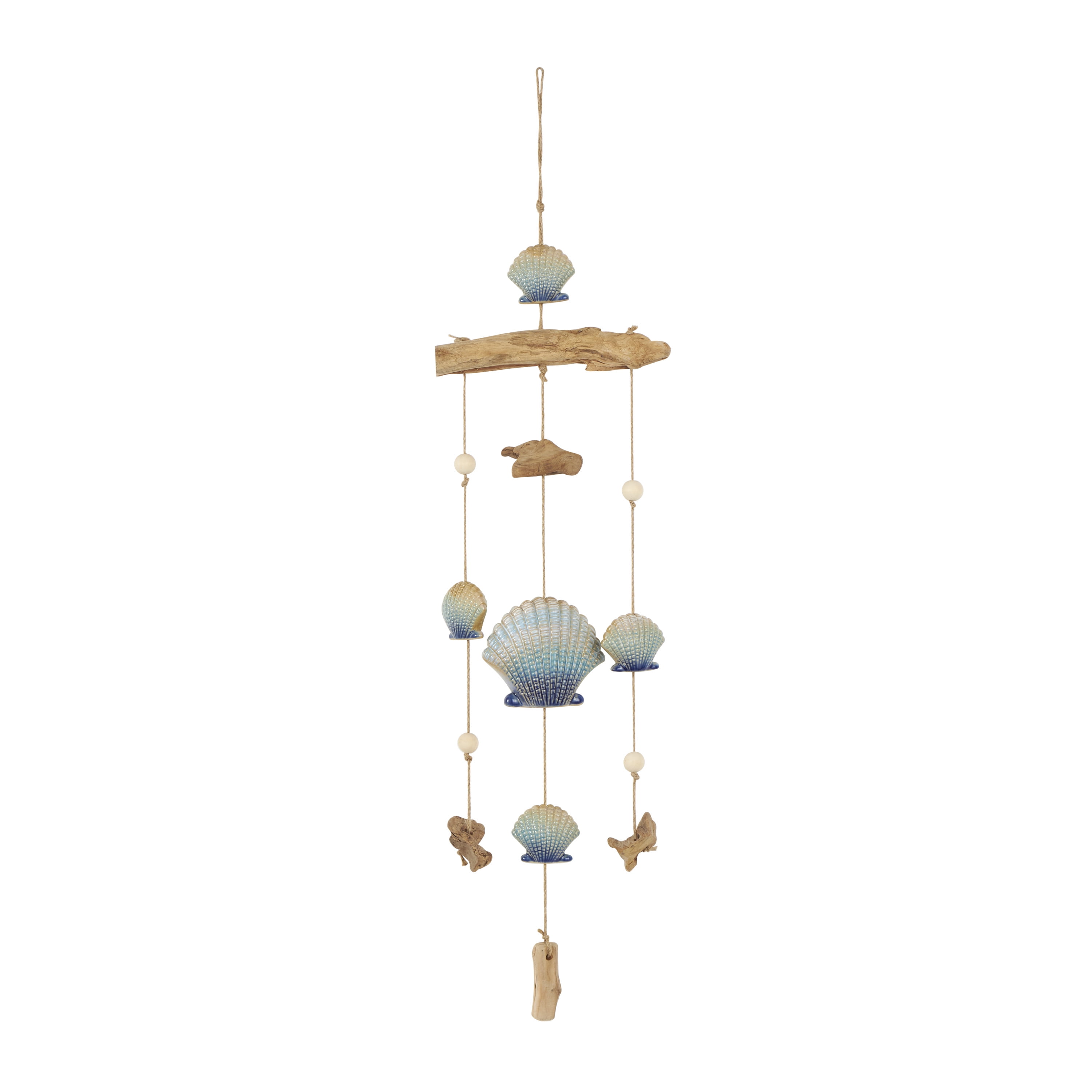 DecMode 35" Blue Ceramic Handmade Ombre Shell Windchime with Driftwood and Bead Accents