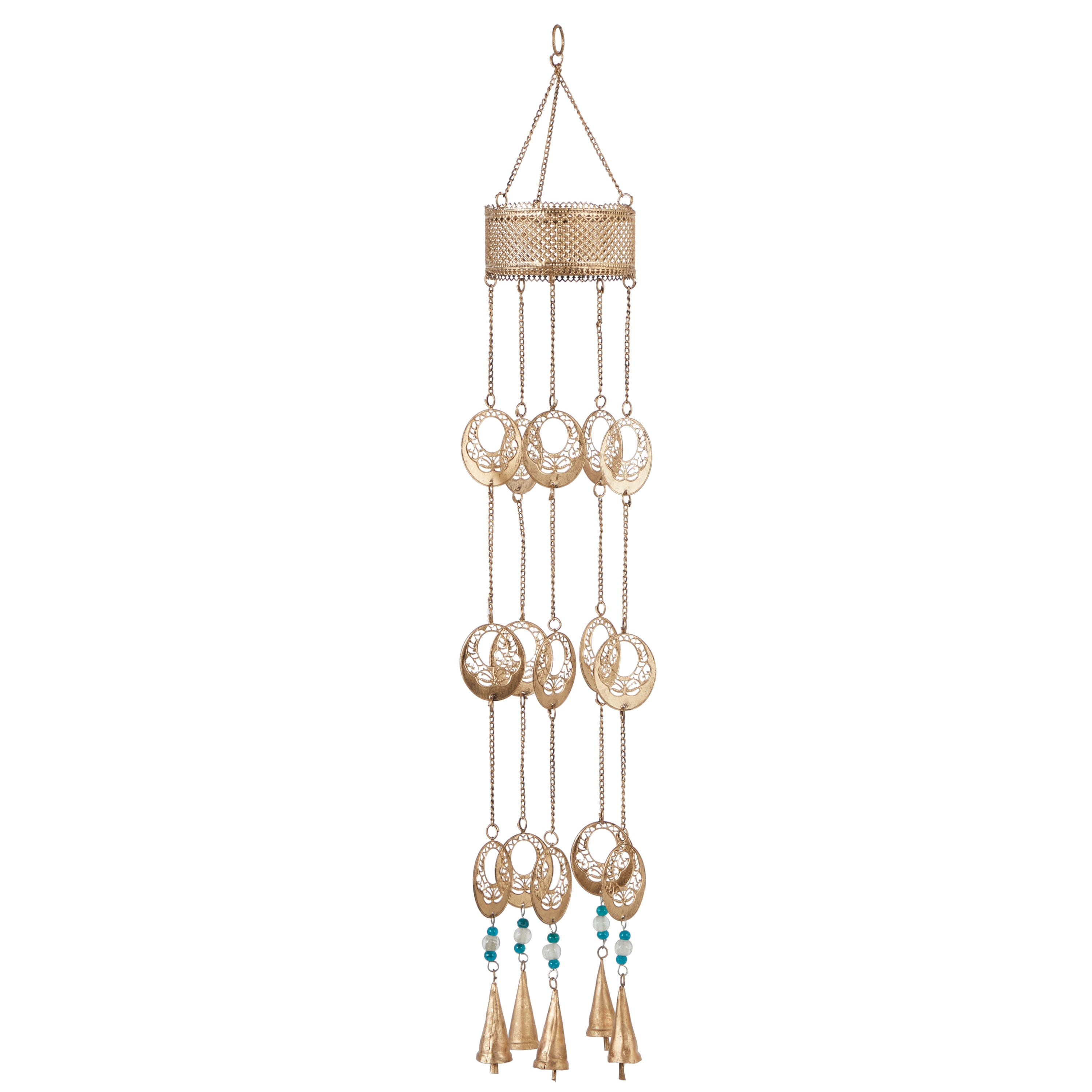 DecMode 35" Gold Metal Indoor Outdoor Arabesque Geometric Windchime with Glass Beads and Cone Bells