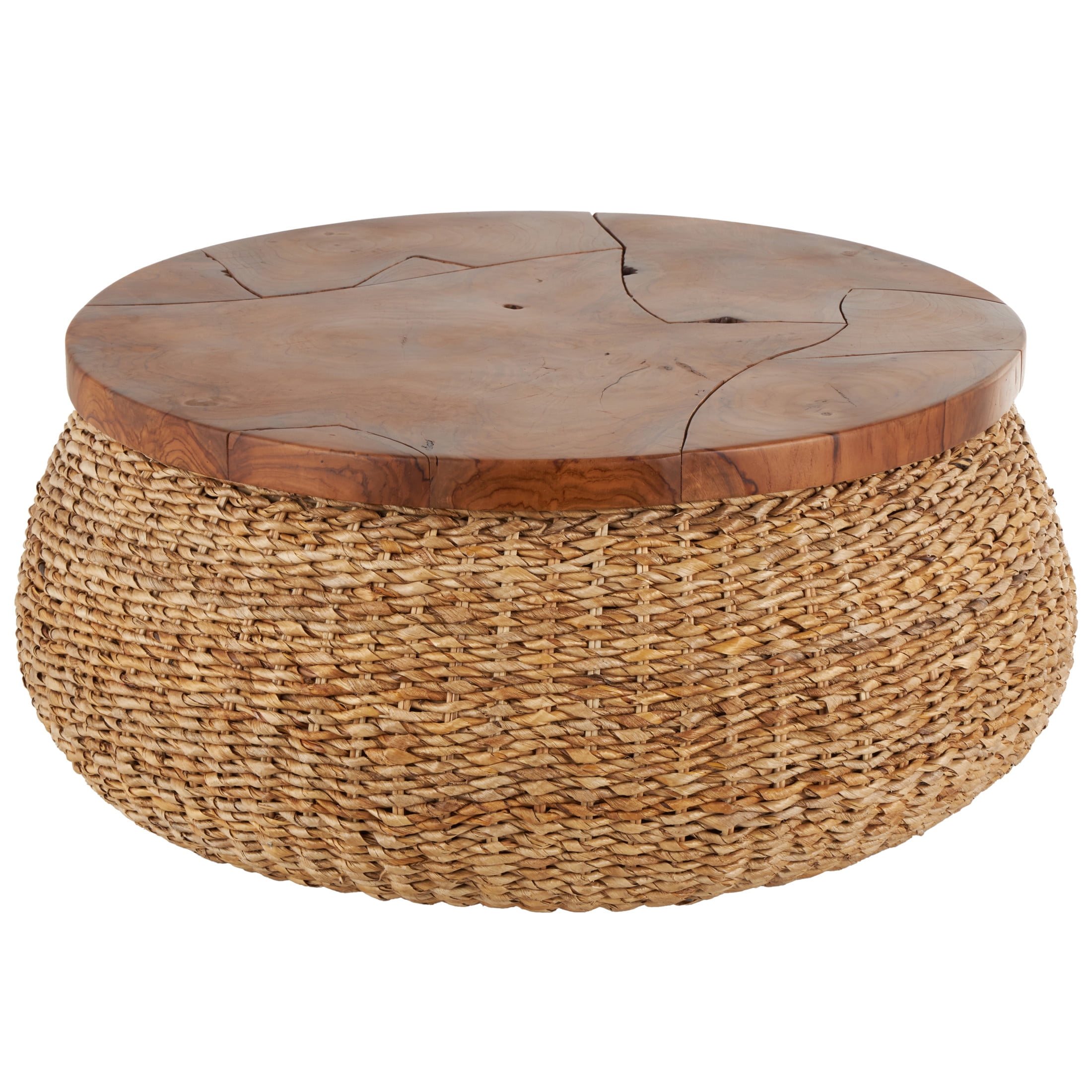 DecMode 35" x 15" Brown Rattan Wrapped Coffee Table with Teak Tabletop, 1-Piece