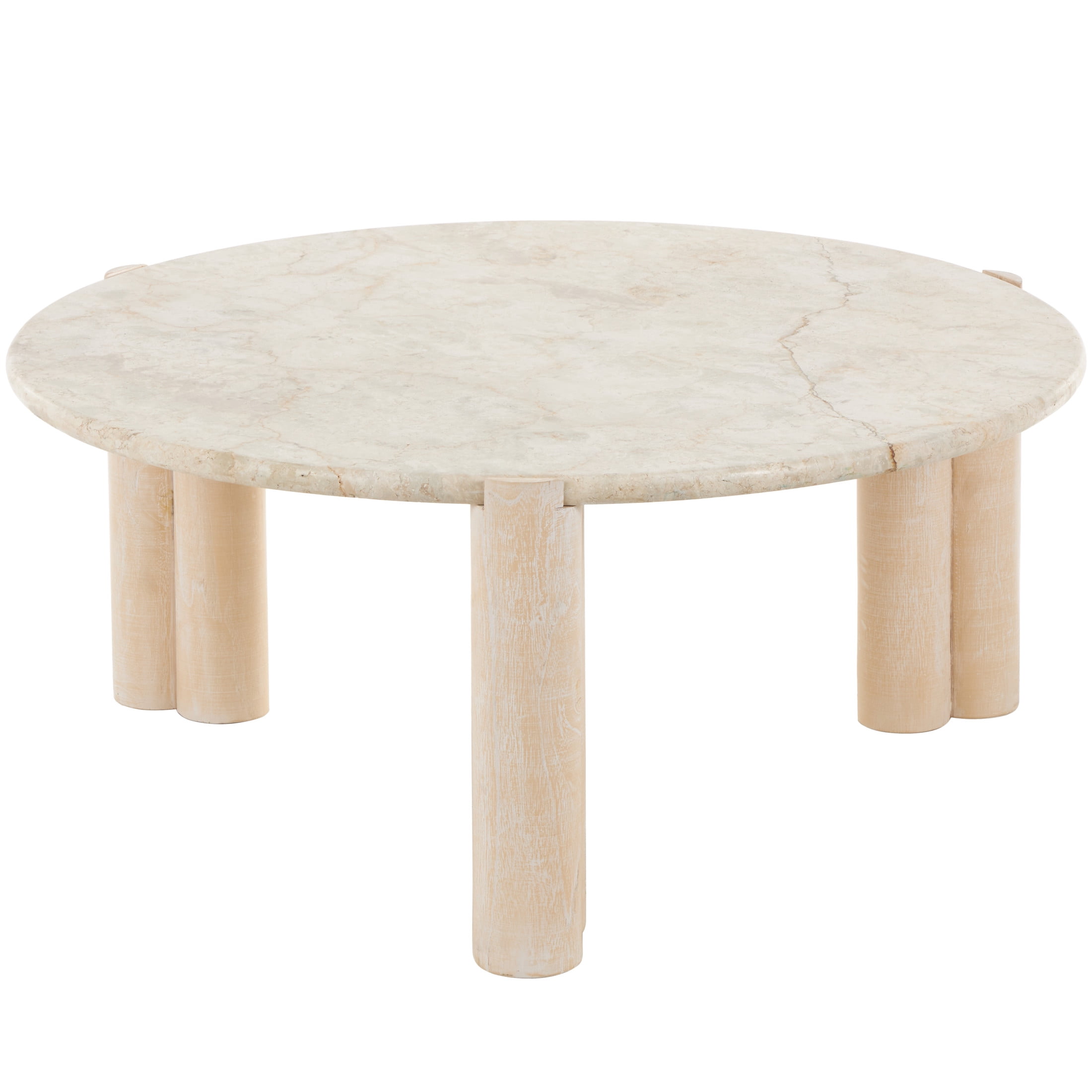 DecMode 35" x 15" Cream Teak Wood Handmade Coffee Table with Beige Marble Tabletop, 1-Piece
