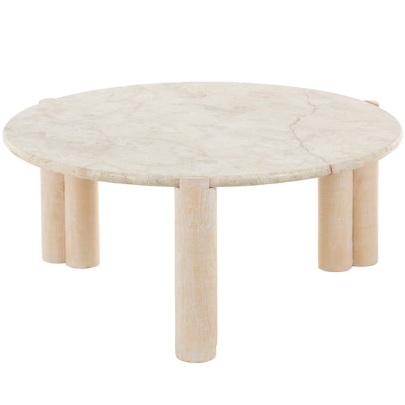 DecMode 35" x 15" Cream Teak Wood Handmade Coffee Table with Beige Marble Tabletop, 1-Piece