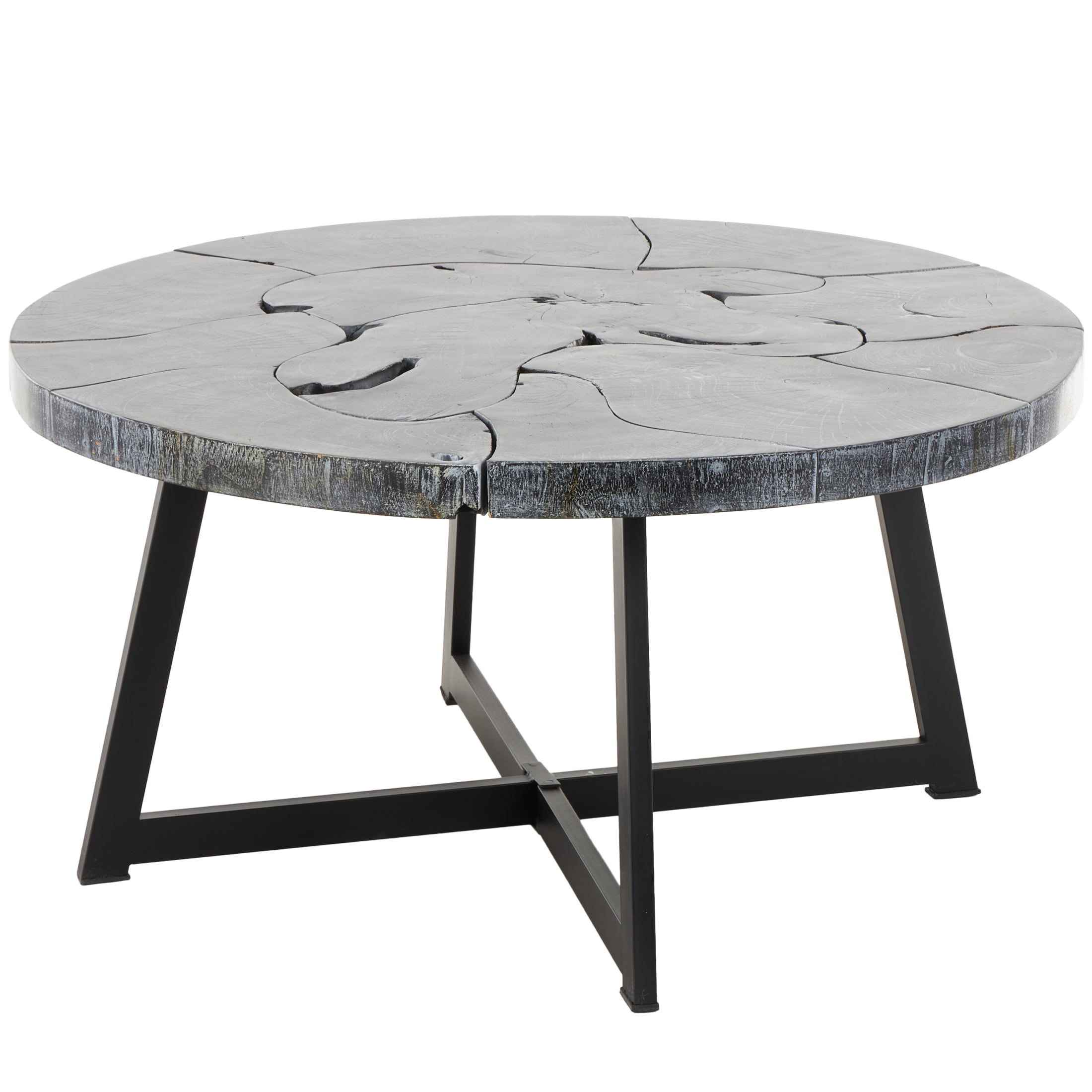 DecMode 35" x 18" Black Teak Wood Handmade Live Edge Geometric Coffee Table with Black Metal Base, 1-Piece