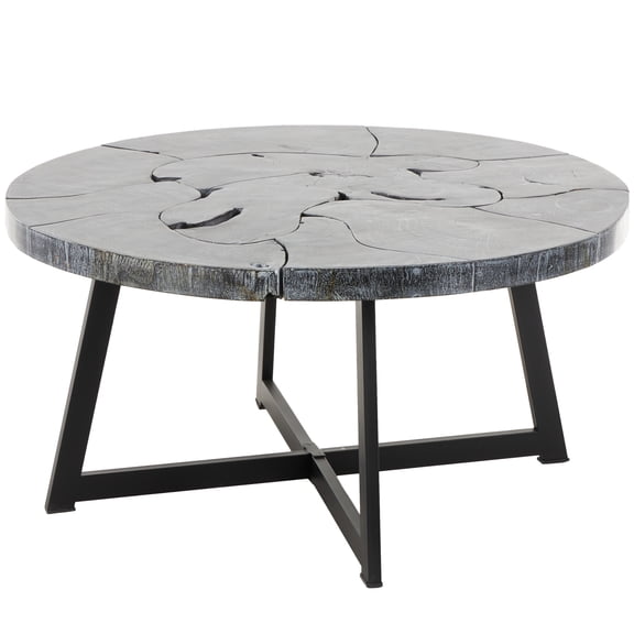 DecMode 35" x 18" Black Teak Wood Handmade Live Edge Geometric Coffee Table with Black Metal Base, 1-Piece