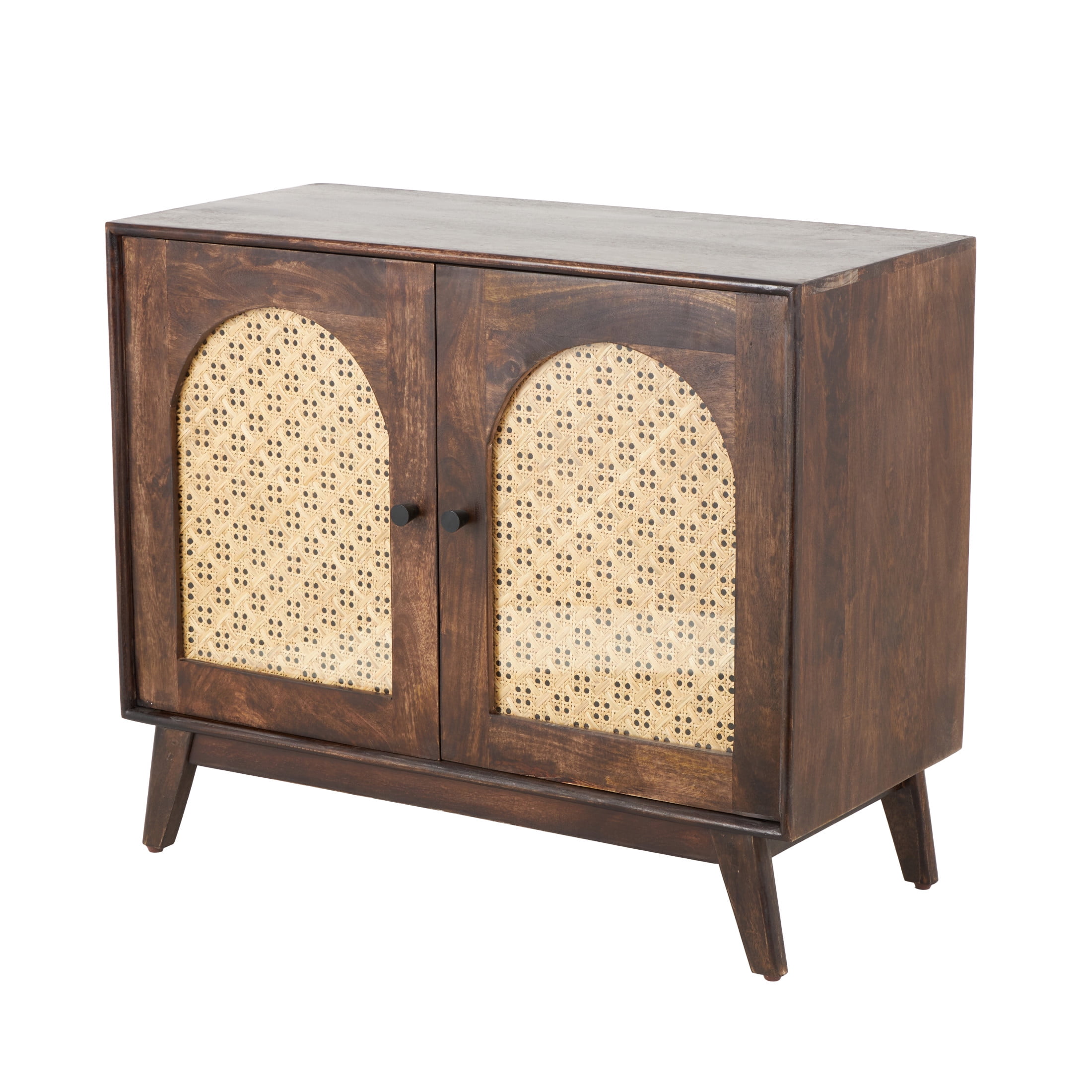 DecMode 35" x 30" Brown Mango Wood Handmade 2 Door Cabinet with Rattan Front and Black Knobs, 1-Piece