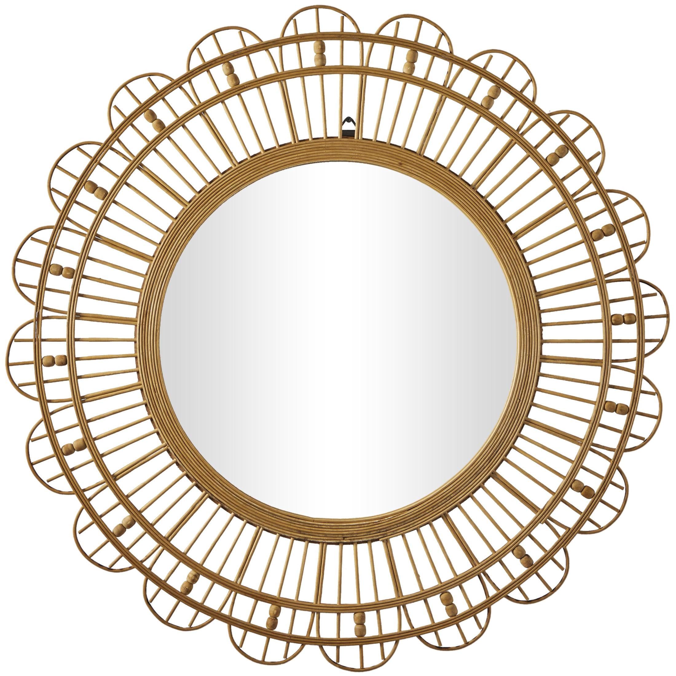 DecMode 35" x 35" Brown Handmade Woven Floral Wall Mirror with Beaded Accents