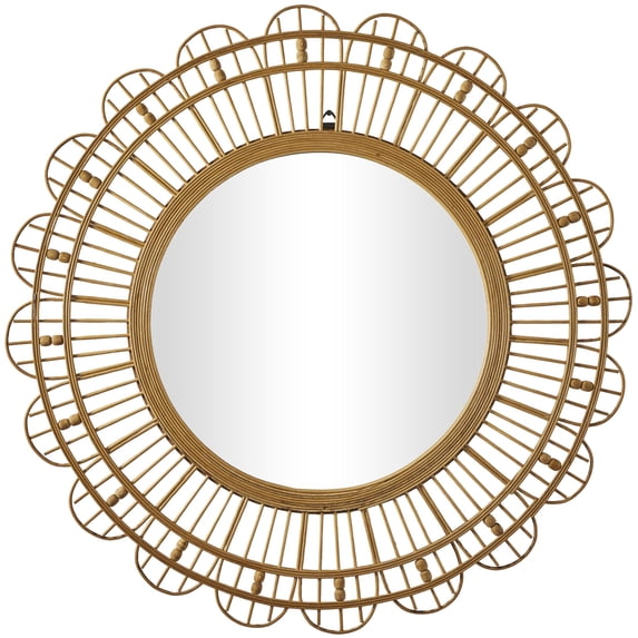 DecMode 35" x 35" Brown Handmade Woven Floral Wall Mirror with Beaded Accents