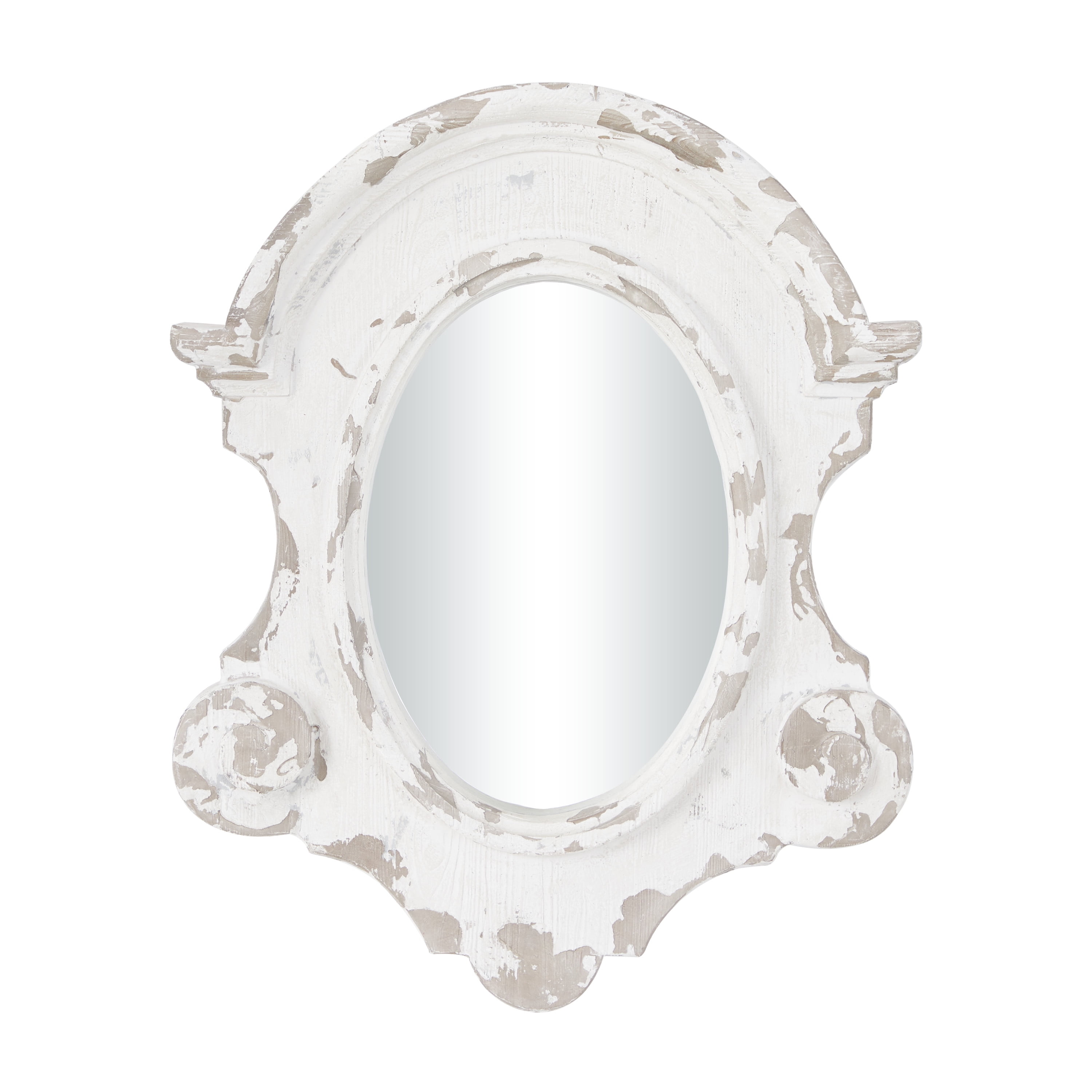 White Carved Oval Wood Wall Mirror with Arched Top