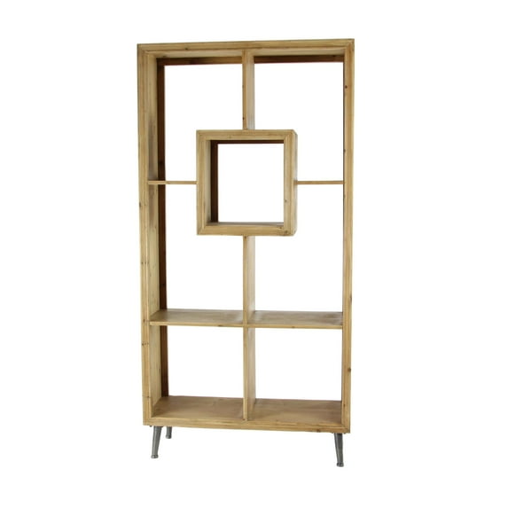 DecMode 35" x 70" Light Brown Wooden Geometric Bookcase 4-Tier Shelving Unit with Black Tapered Legs, 1-Piece