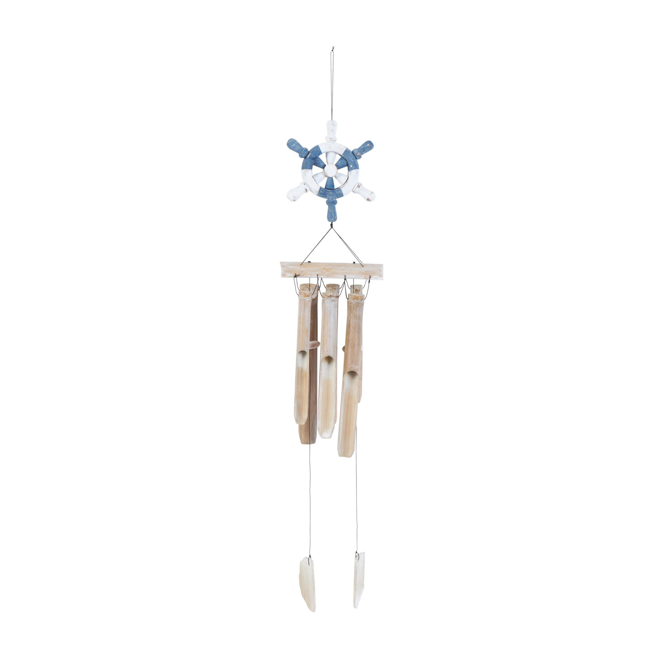 DecMode 36" Blue Bamboo Wood Handmade Ship Wheel Windchime with Log Chimes