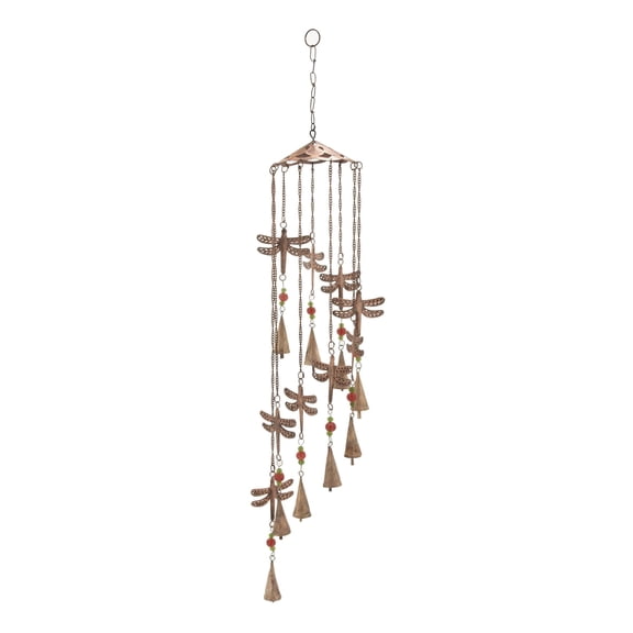 DecMode 36" Brass Metal Dragonfly Windchime with Glass Beads and Cone Bells