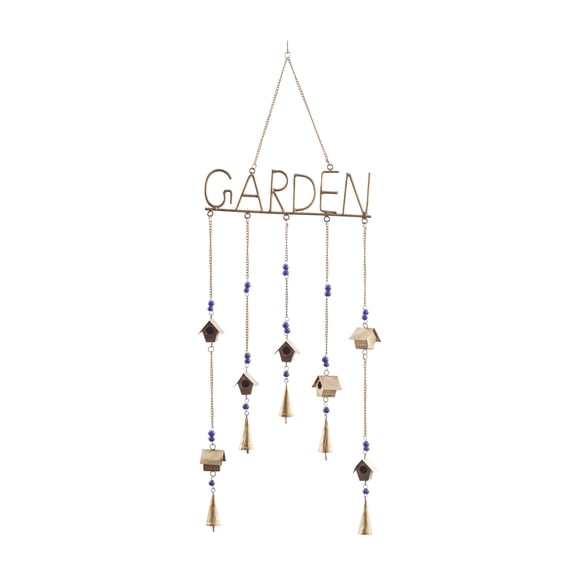 DecMode 36" Brass Metal Indoor Outdoor Garden Geometric Windchime with Glass Beads and Bells