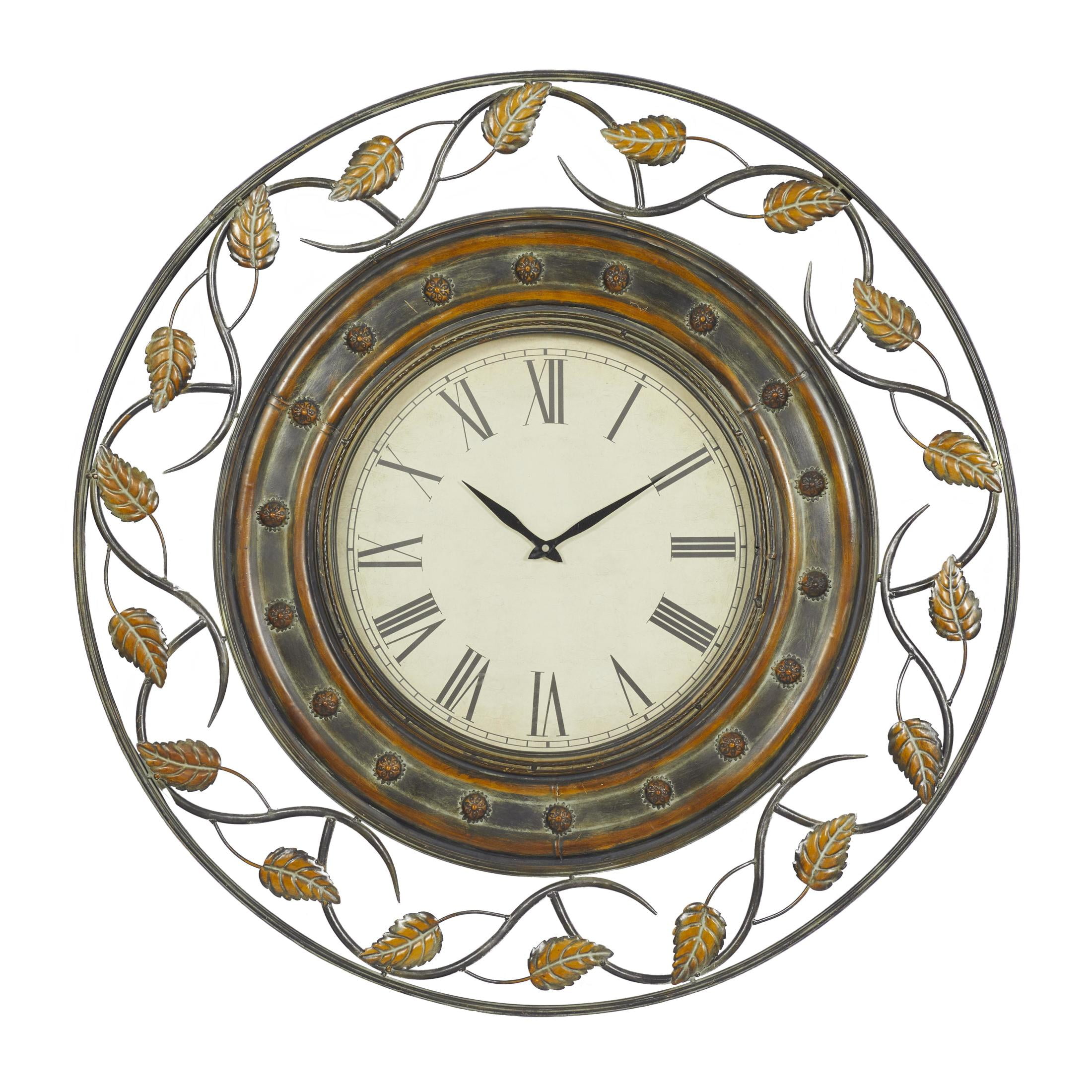 DecMode 36" Brown Metal Leaf Medallion Wall Clock with Scrolled Vines and Floral Accents