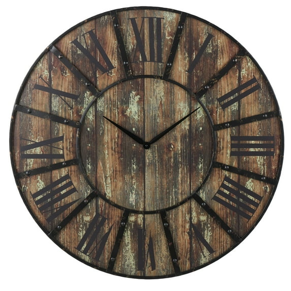 DecMode 36" Brown Wooden Wall Clock with Black Accents
