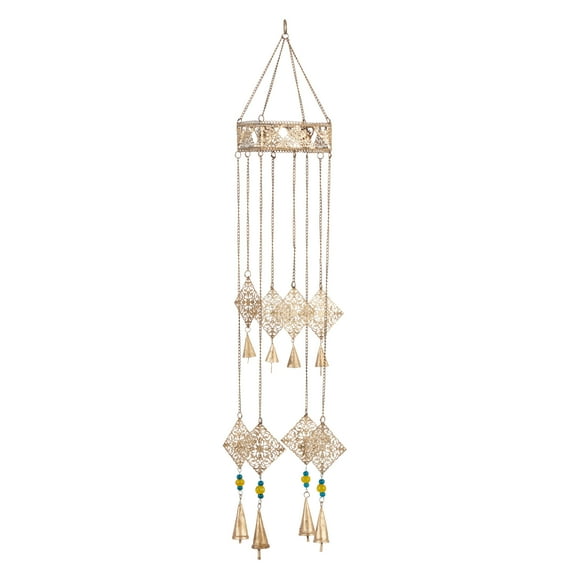 DecMode 36" Gold Metal Indoor Outdoor Arabesque Geometric Windchime with Glass Beads and Cone Bells