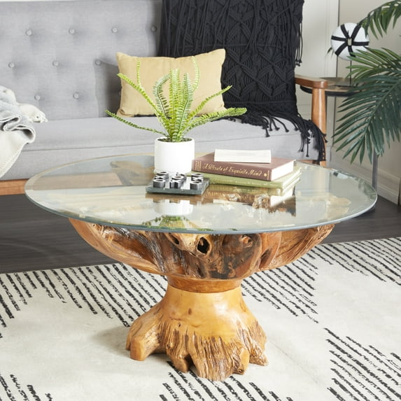 DecMode 36"W, 19"H Teak Rustic Coffee Table, Brown, 1-Piece