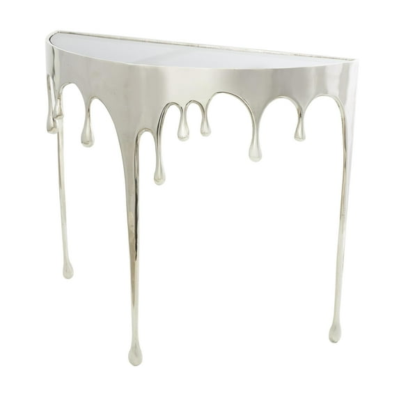 DecMode 36" x 32" Silver Aluminum Metal Half Moon Drip Abstract Console Table with Melting Designed Legs and Black Glass Top, 1-Piece