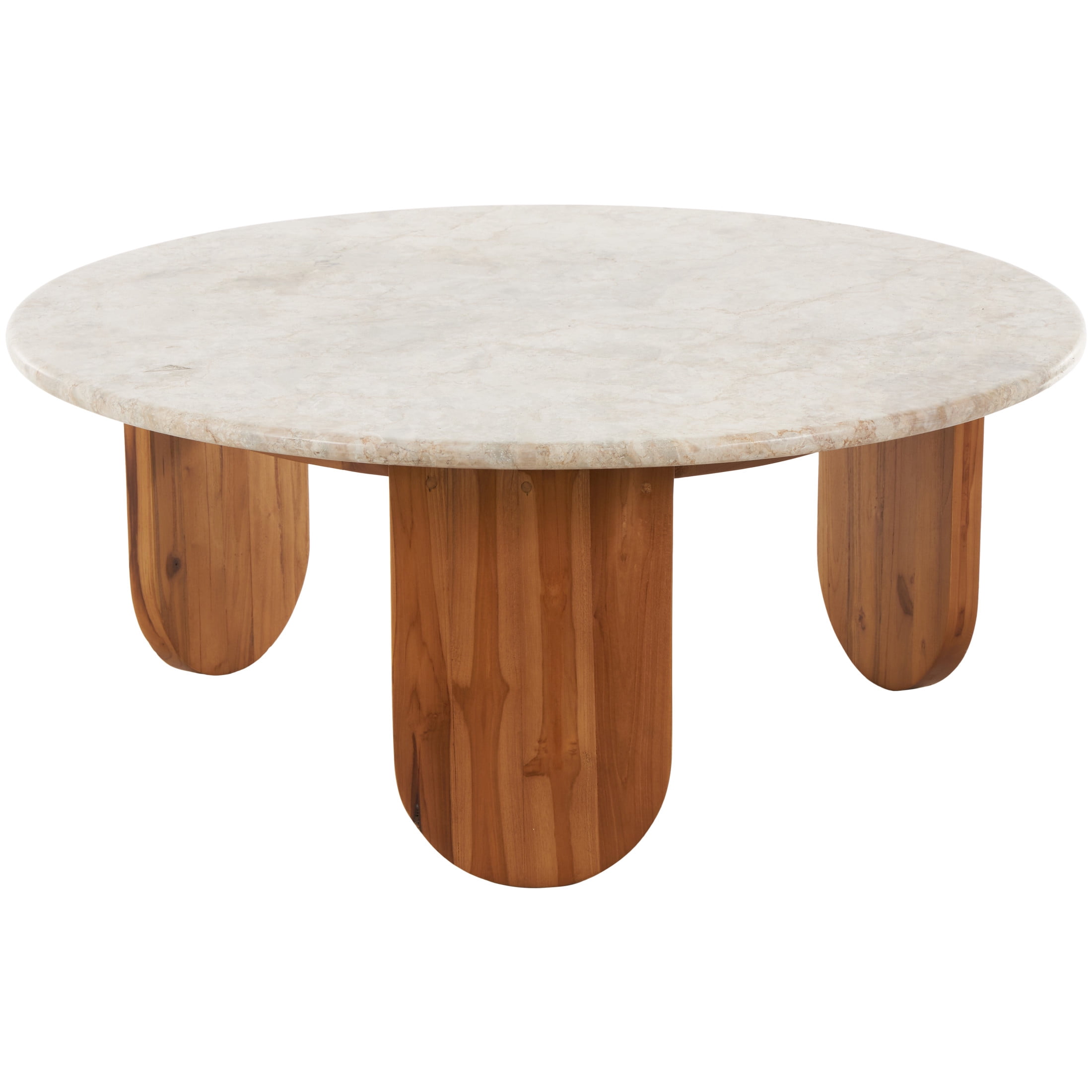 DecMode 36" x 15" Brown Teak Wood Handmade Coffee Table with Beige Marble Tabletop, 1-Piece