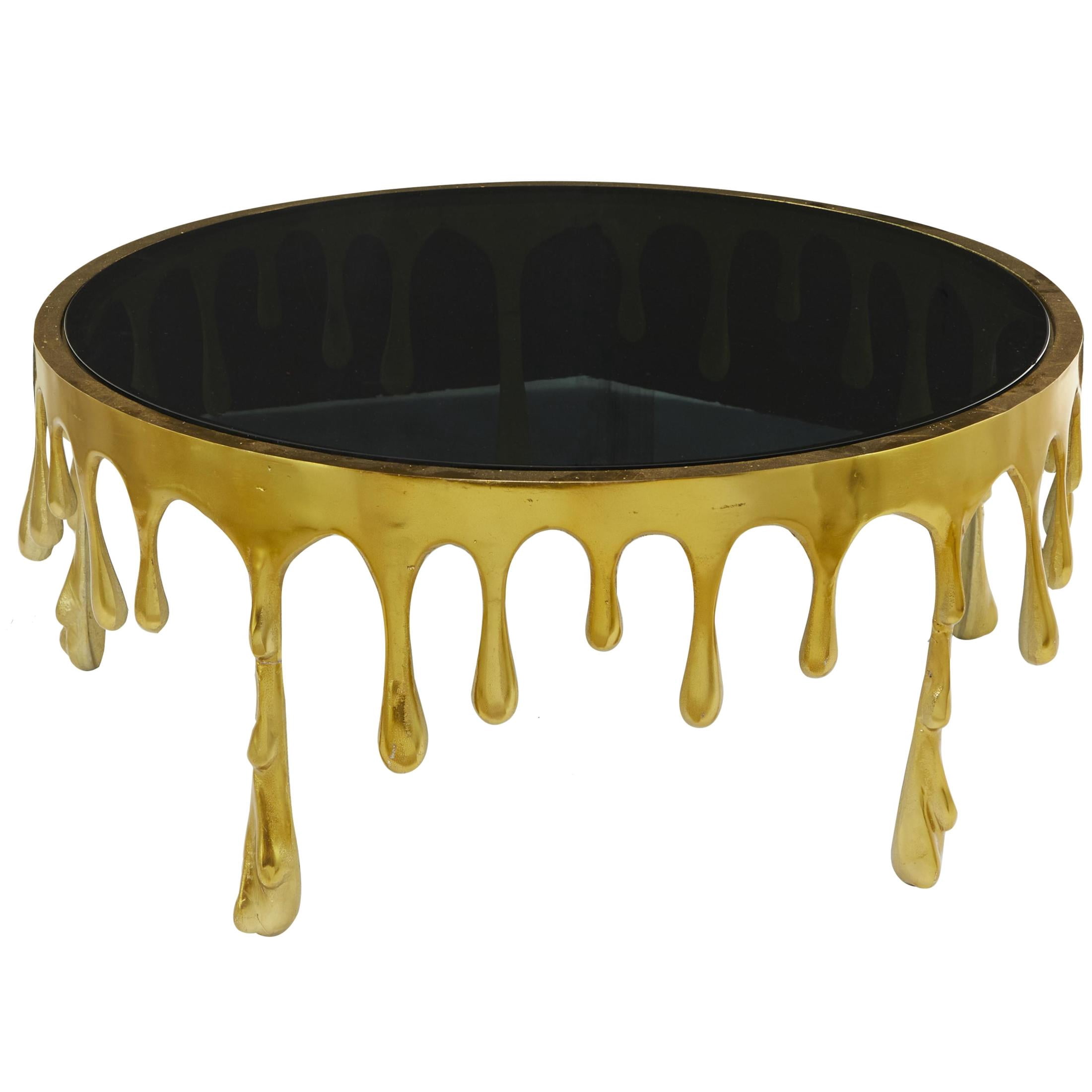 DecMode 36" x 16" Gold Aluminum Metal Melting Drip Abstract Coffee Table with Black Glass Top, 1-Piece