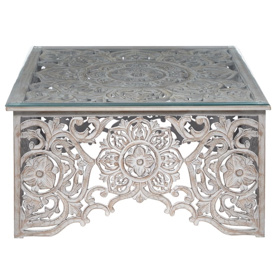 DecMode 36" x 19" White Wood Handmade Intricately Carved Floral Coffee Table with Clear Glass Top, 1-Piece