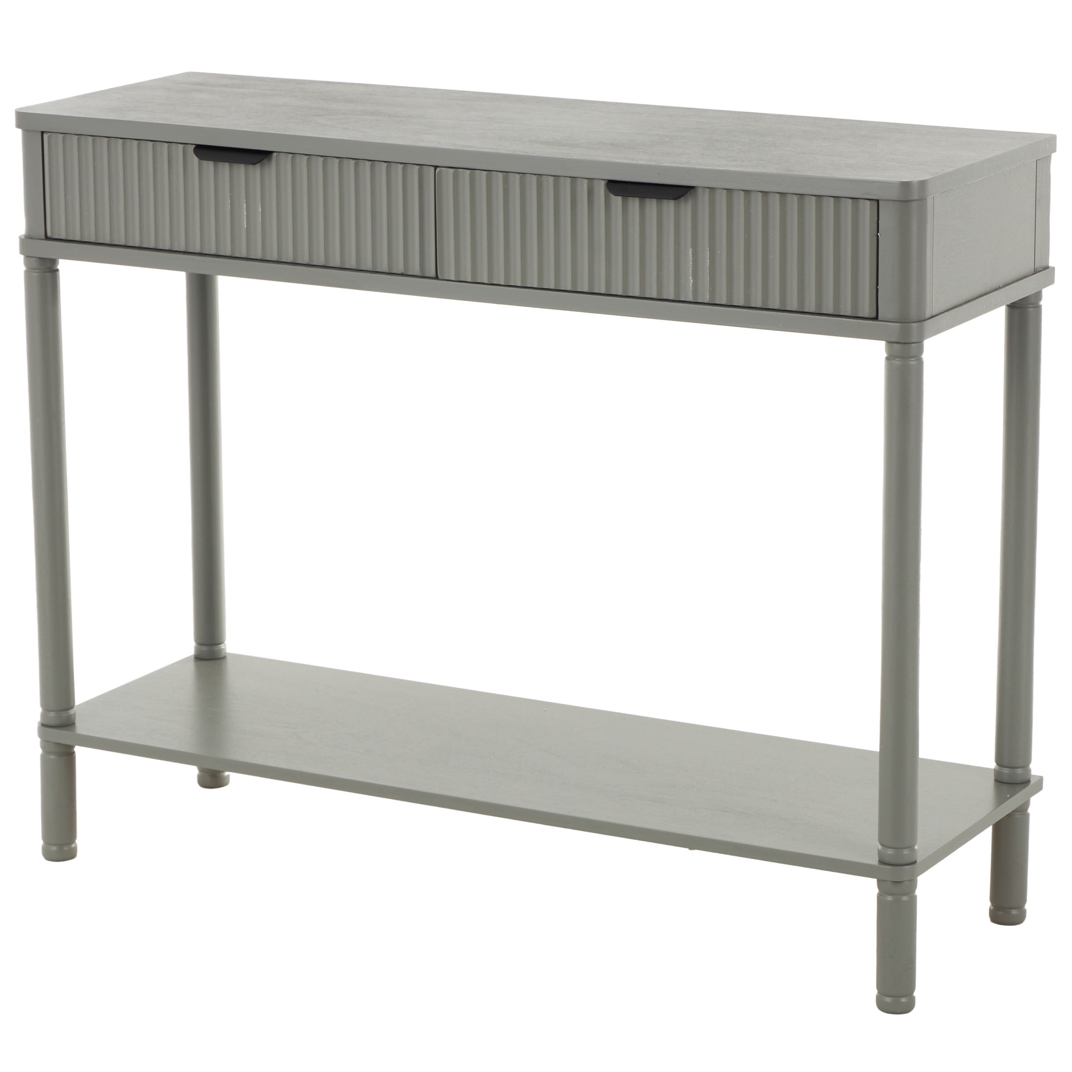 DecMode 36" x 28" Gray Wood Handmade 2 Drawer Console Table with Black Handle and Ribbed Front, 1-Piece