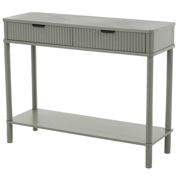 DecMode 36" x 28" Gray Wood Handmade 2 Drawer Console Table with Black Handle and Ribbed Front, 1-Piece